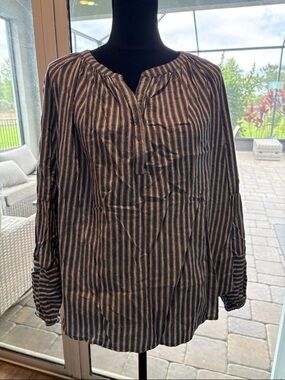 XXXL Striped Buttoned Peasant Blouse in Navy, White and Red stripes